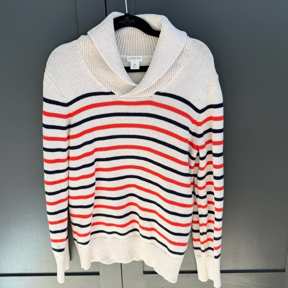 J. Crew | Crewcuts | Tan Knit Striped Shawl Collar Sweater | 12 | NWOT